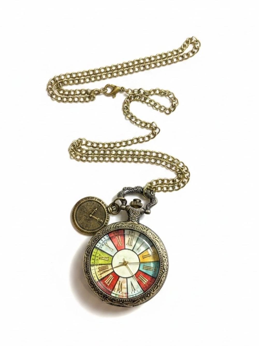 Steampunk Antique Bronze Pocket Watch Colorful Clock Pendant Necklace